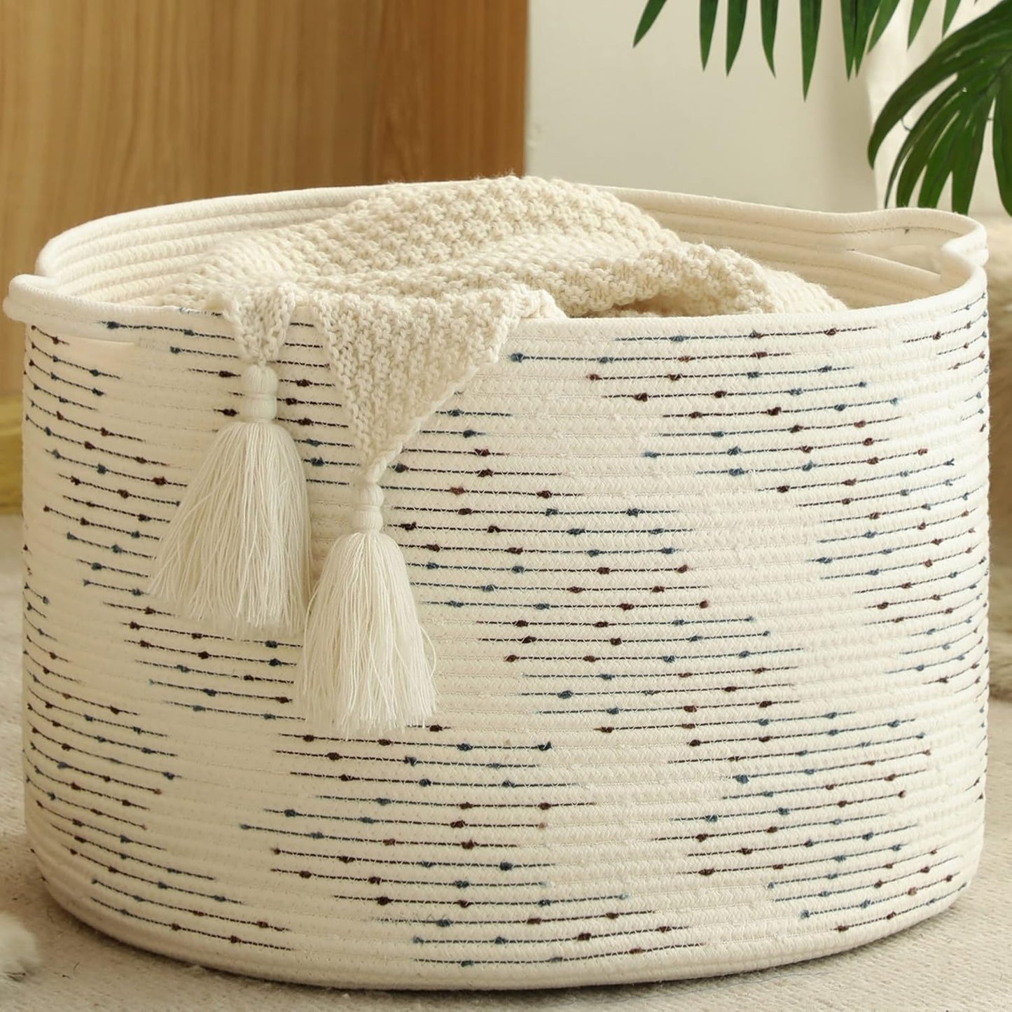 Large Blanket Basket (20"X13"),Woven Baskets for Storage Baby Laundry Hamper, Cotton Rope Blanket Basket for Living Room, Laundry, Nursery, Pillows, Baby Toy Chest (White/Brown)