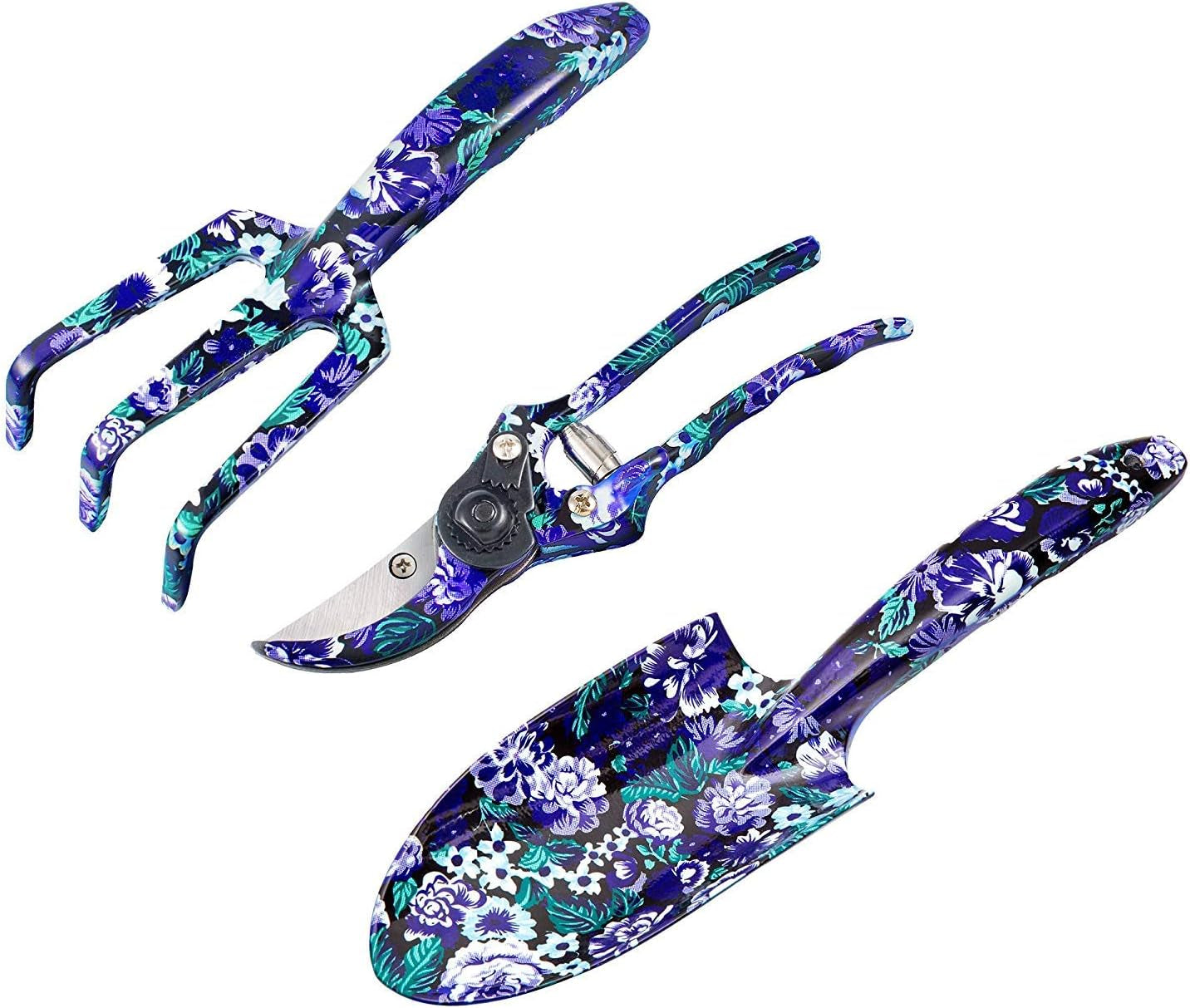 3 Piece Aluminum Garden Tool Set - Trowel, Cultivator, Pruning Shear, Gift Set for Gardening Needs (Purple&Blue)