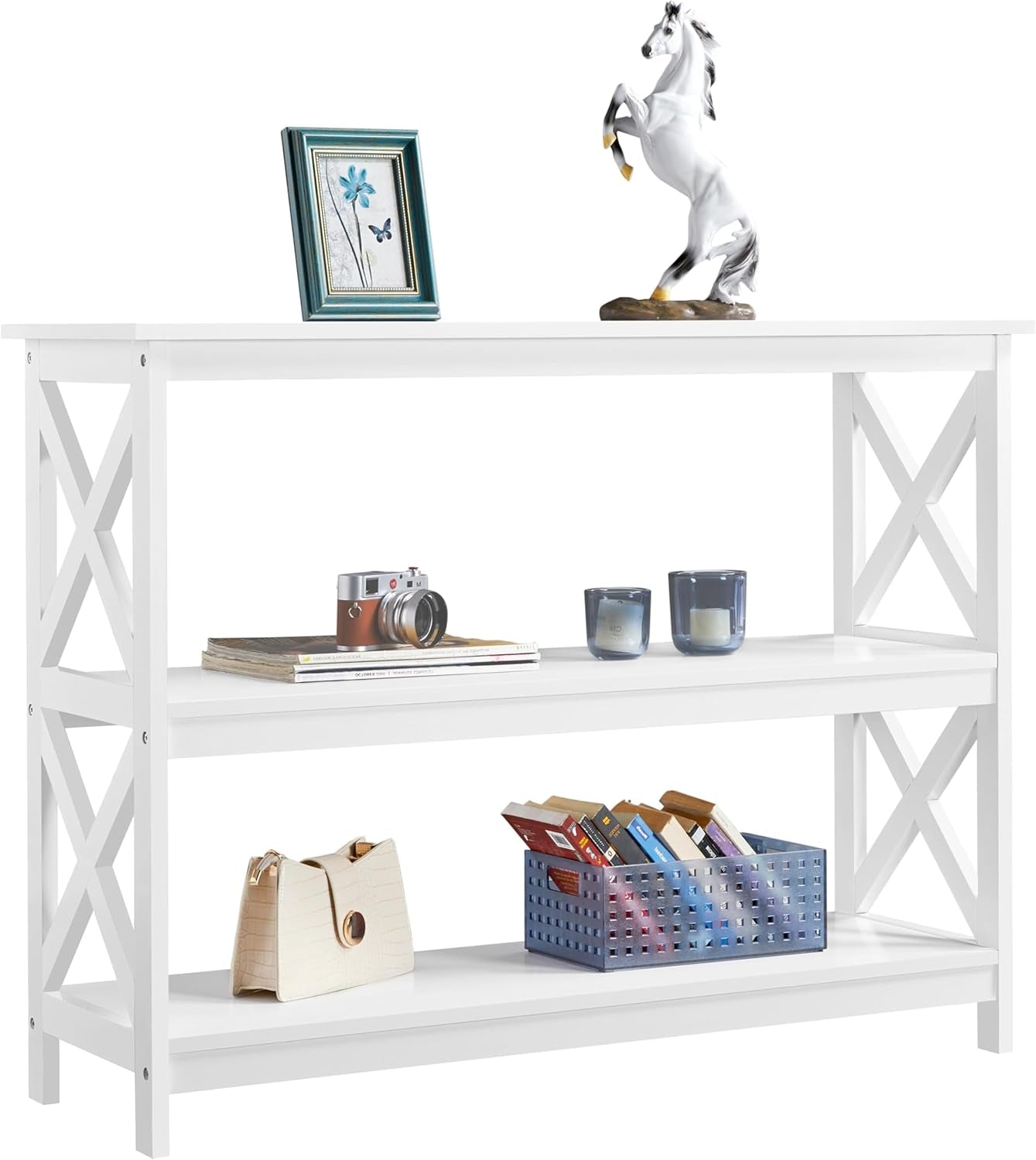 Console Table with 3 Storage Shelves, Entryway Table Sofa Side Table Narrow Long Bookshelf for Hallway Living Room, Accent Furniture, Gray