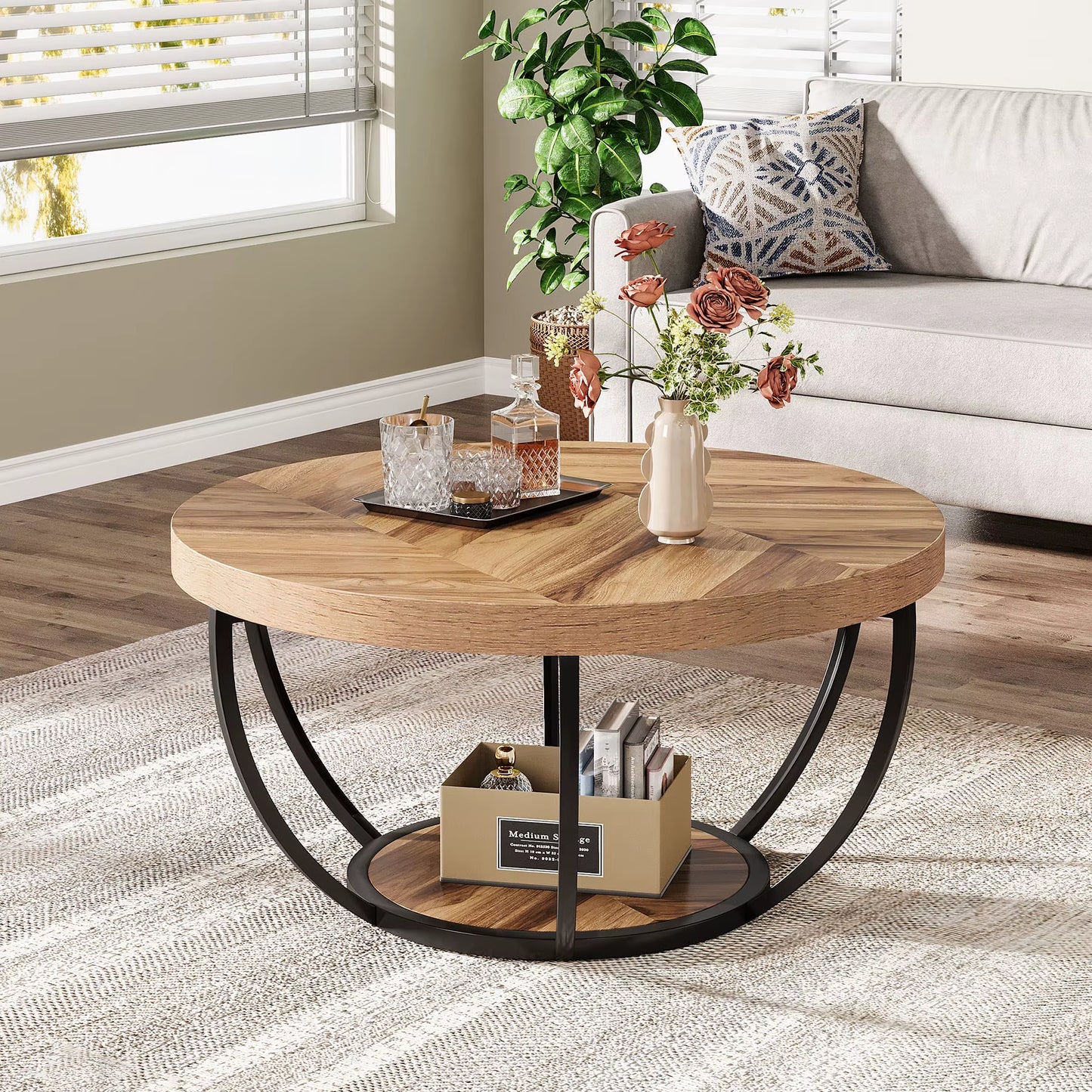 31.7" round Coffee Table, Industrial 2-Tier Circle Coffee Table with Storage Shelves, Modern Wooden Accent Center Tab