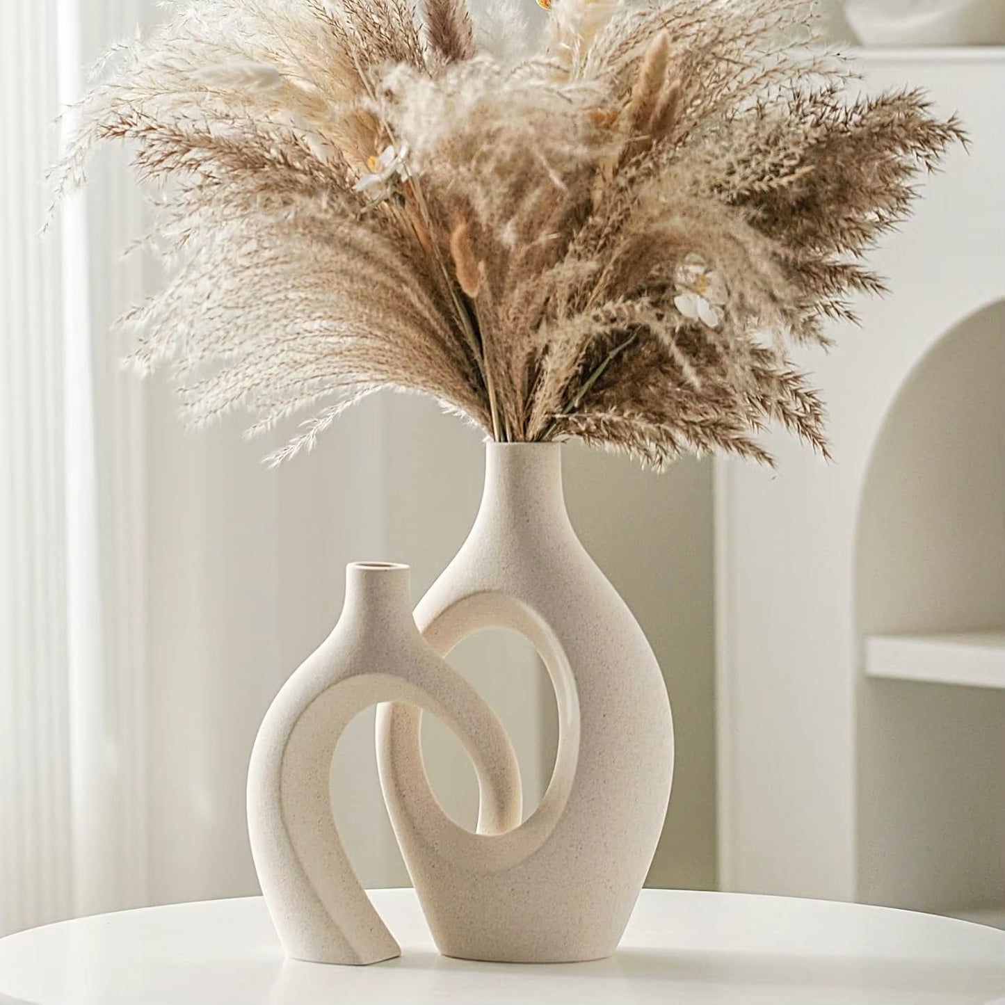 Snuggle Hollow Ceramic Vase Set of 2, Boho Ins Style Nordic Mid Century Modern Aesthetic Decorative Vase(Cream W 6.8" X H 11")