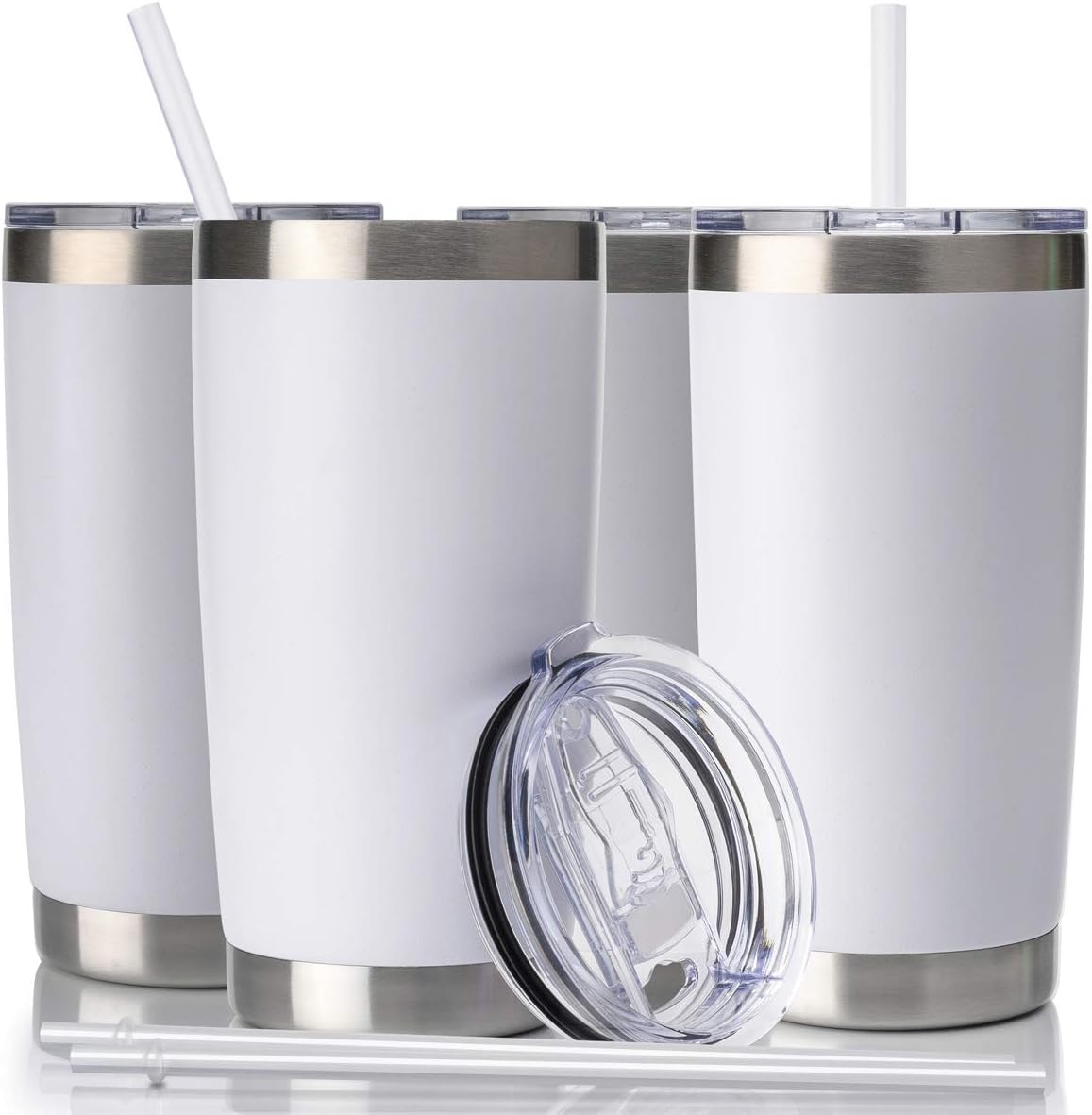 20Oz Tumbler with Lid and Straw, Stainless Steel Vacuum Insulated Coffee Tumbler Cup, Double Wall Powder Coated Travel Mug (White, 1 Pack)