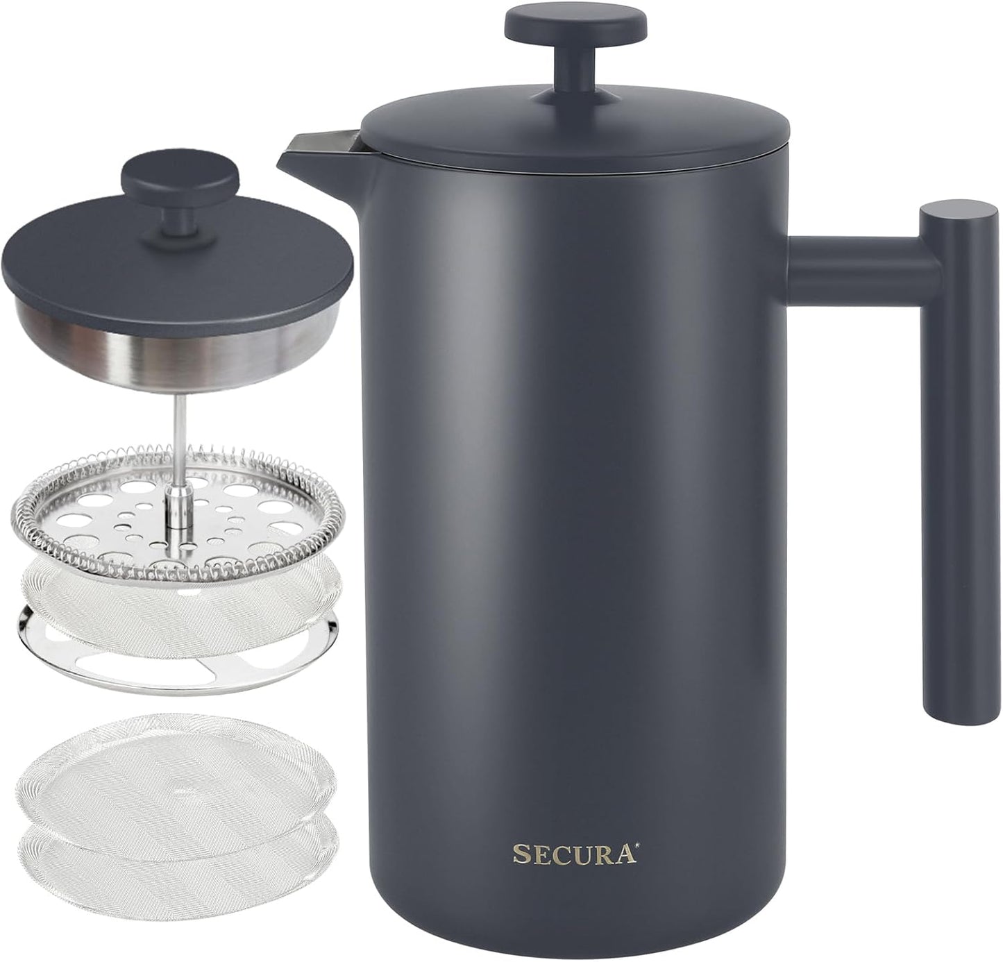 French Press Coffee Maker, 304 Grade Stainless Steel Insulated Coffee Press with 2 Extra Screens, 12Oz (0.35 Litre), Silver (SFP-12DS)