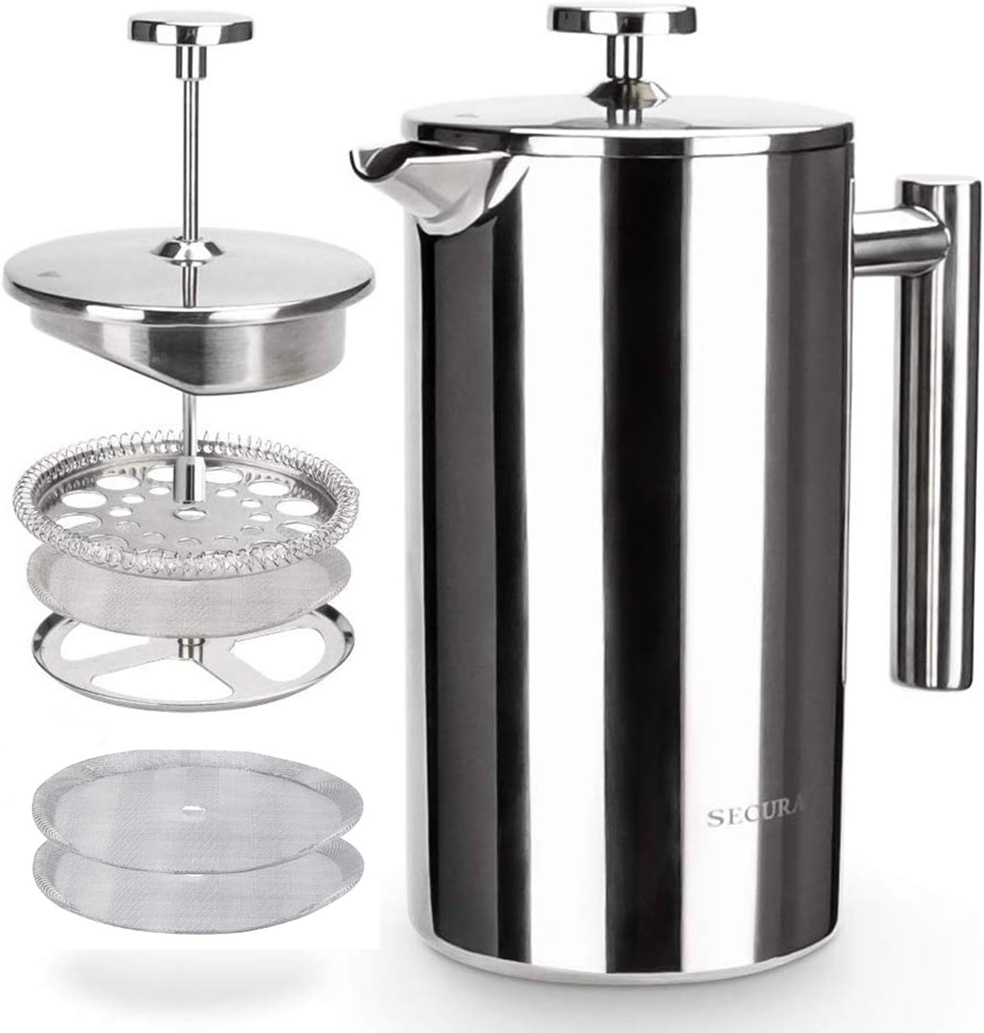 French Press Coffee Maker, 304 Grade Stainless Steel Insulated Coffee Press with 2 Extra Screens, 12Oz (0.35 Litre), Silver (SFP-12DS)