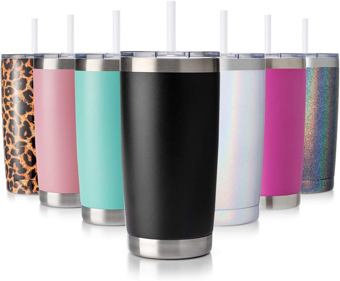 20Oz Tumbler with Lid and Straw, Stainless Steel Vacuum Insulated Coffee Tumbler Cup, Double Wall Powder Coated Travel Mug (White, 1 Pack)