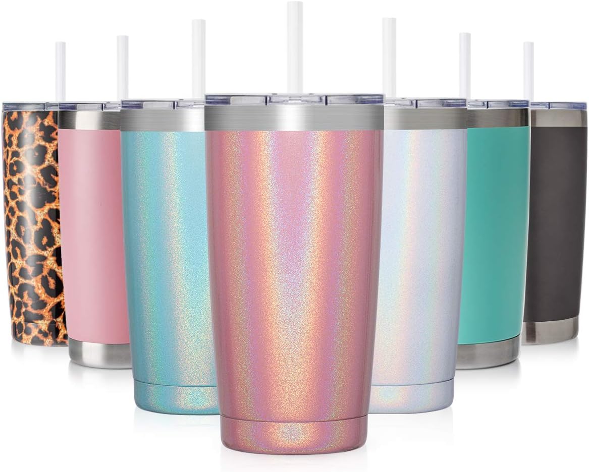 20Oz Tumbler with Lid and Straw, Stainless Steel Vacuum Insulated Coffee Tumbler Cup, Double Wall Powder Coated Travel Mug (White, 1 Pack)