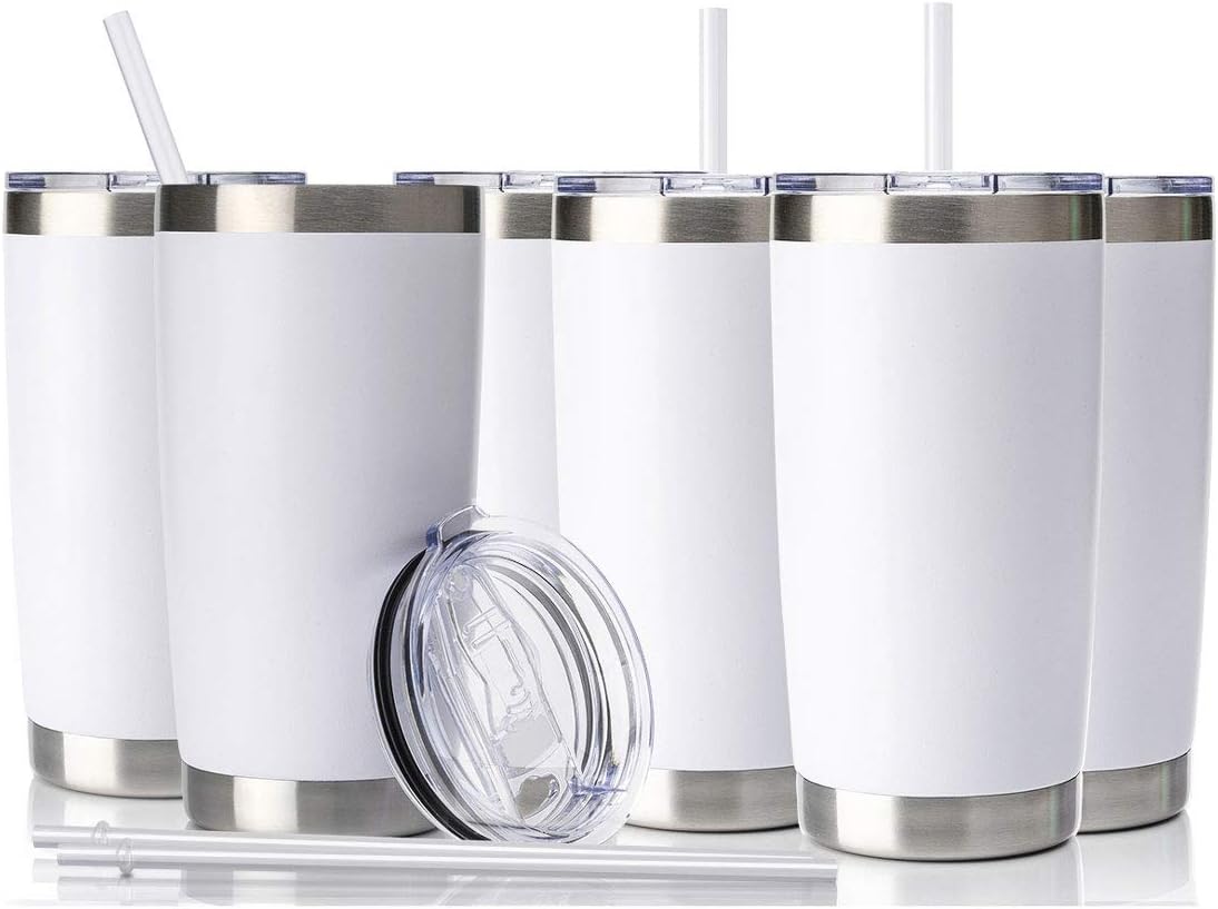 20Oz Tumbler with Lid and Straw, Stainless Steel Vacuum Insulated Coffee Tumbler Cup, Double Wall Powder Coated Travel Mug (White, 1 Pack)