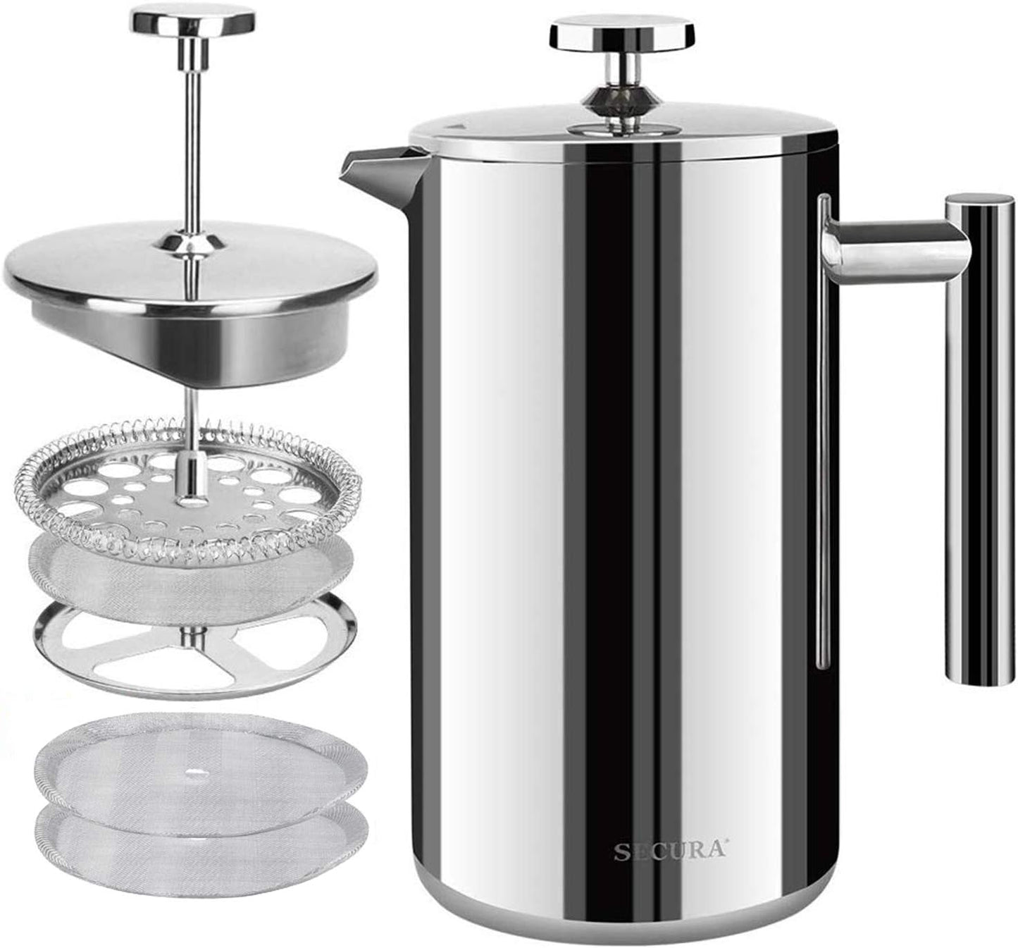French Press Coffee Maker, 304 Grade Stainless Steel Insulated Coffee Press with 2 Extra Screens, 12Oz (0.35 Litre), Silver (SFP-12DS)