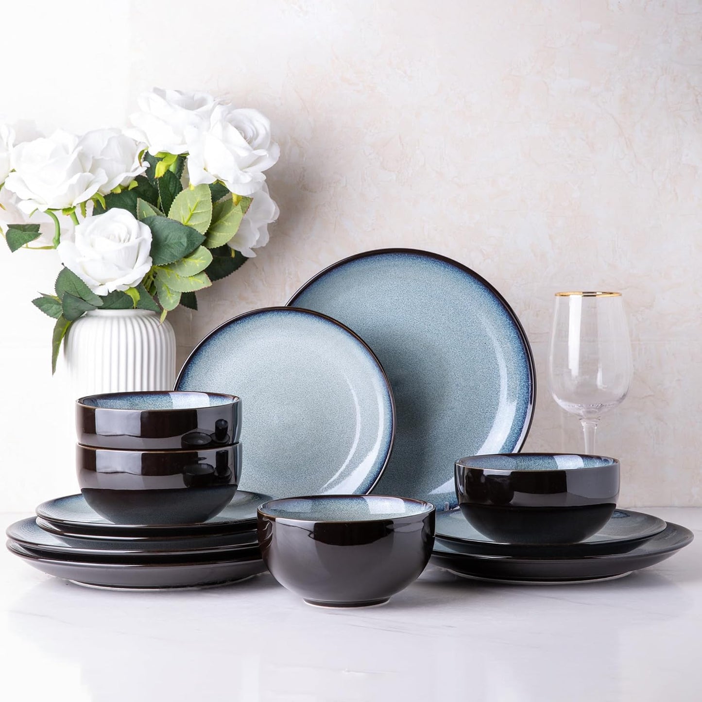 Elevate Your Dining Experience with Our Elegant Ceramic Dinnerware Set for 4 - Stylish, Durable, and Microwave Safe Stoneware Plates and Bowls