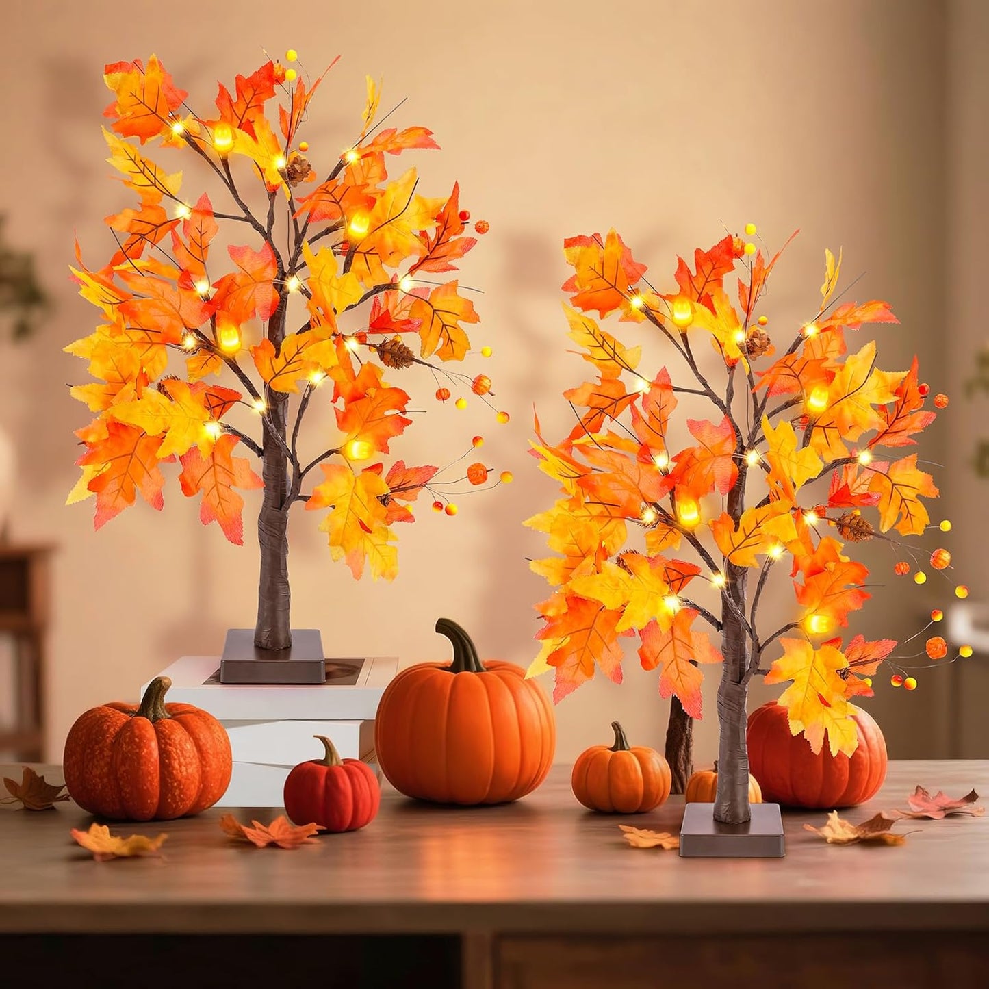 2 Pack 24" Lighted Artificial Maple Trees with 24 LED Lights, Battery Operated Fall Decor Tree, Perfect for Thanksgiving, Autumn Harvest, Weddings & Indoor Table Centerpieces