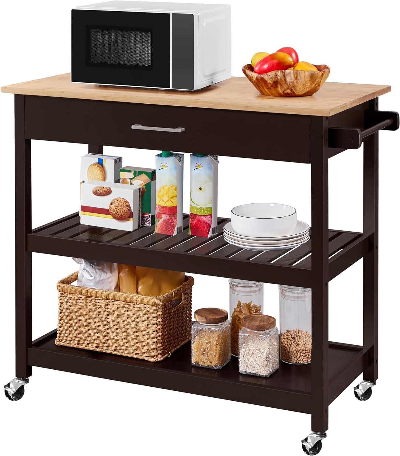 Modern 40" Kitchen Island Cart on Wheels with Solid Bamboo Top, Spacious Drawer, and 2 Tiered Storage Shelves - Versatile Serving Trolley in White