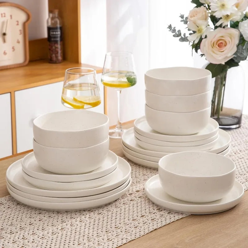 Ceramic Dinnerware Sets, Wavy Rim Stoneware Plates and Bowls Sets, Highly Chip and Crack Resistant Service for 4