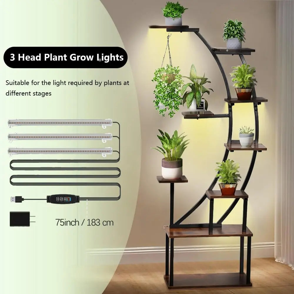 Black Plant Stand with Grow Light for Indoor Plants 9 Tiered Metal Plant Shelf 60" Black Holder Display Rack for Home Balcony