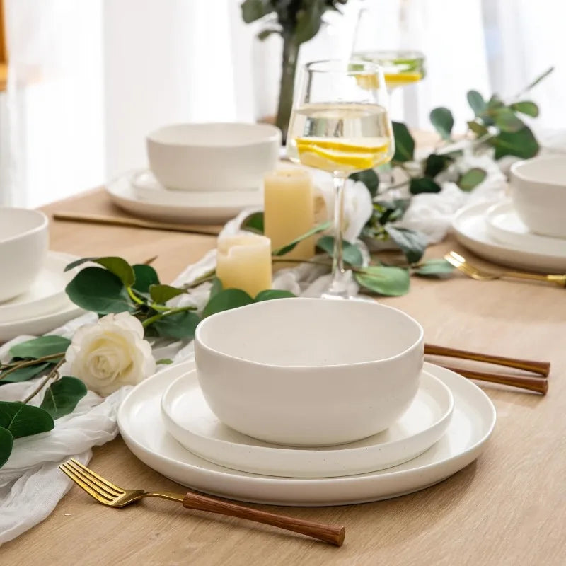 Ceramic Dinnerware Sets, Wavy Rim Stoneware Plates and Bowls Sets, Highly Chip and Crack Resistant Service for 4
