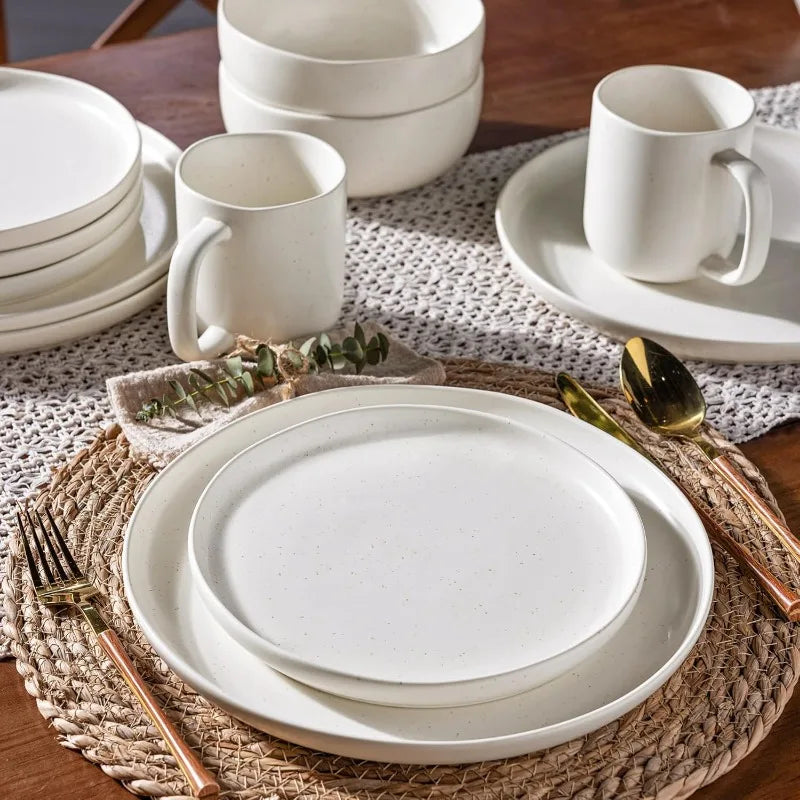 Ceramic Dinnerware Sets, Wavy Rim Stoneware Plates and Bowls Sets, Highly Chip and Crack Resistant Service for 4