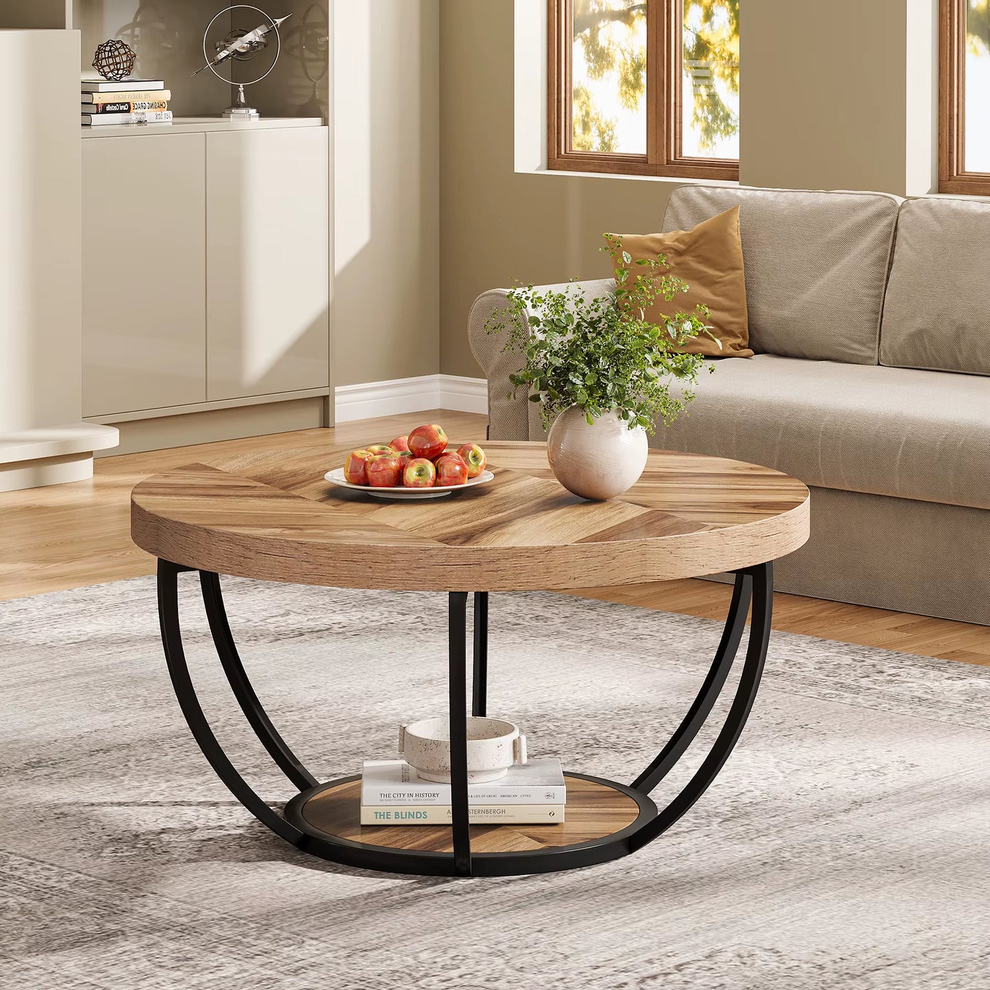 31.7" round Coffee Table, Industrial 2-Tier Circle Coffee Table with Storage Shelves, Modern Wooden Accent Center Tab
