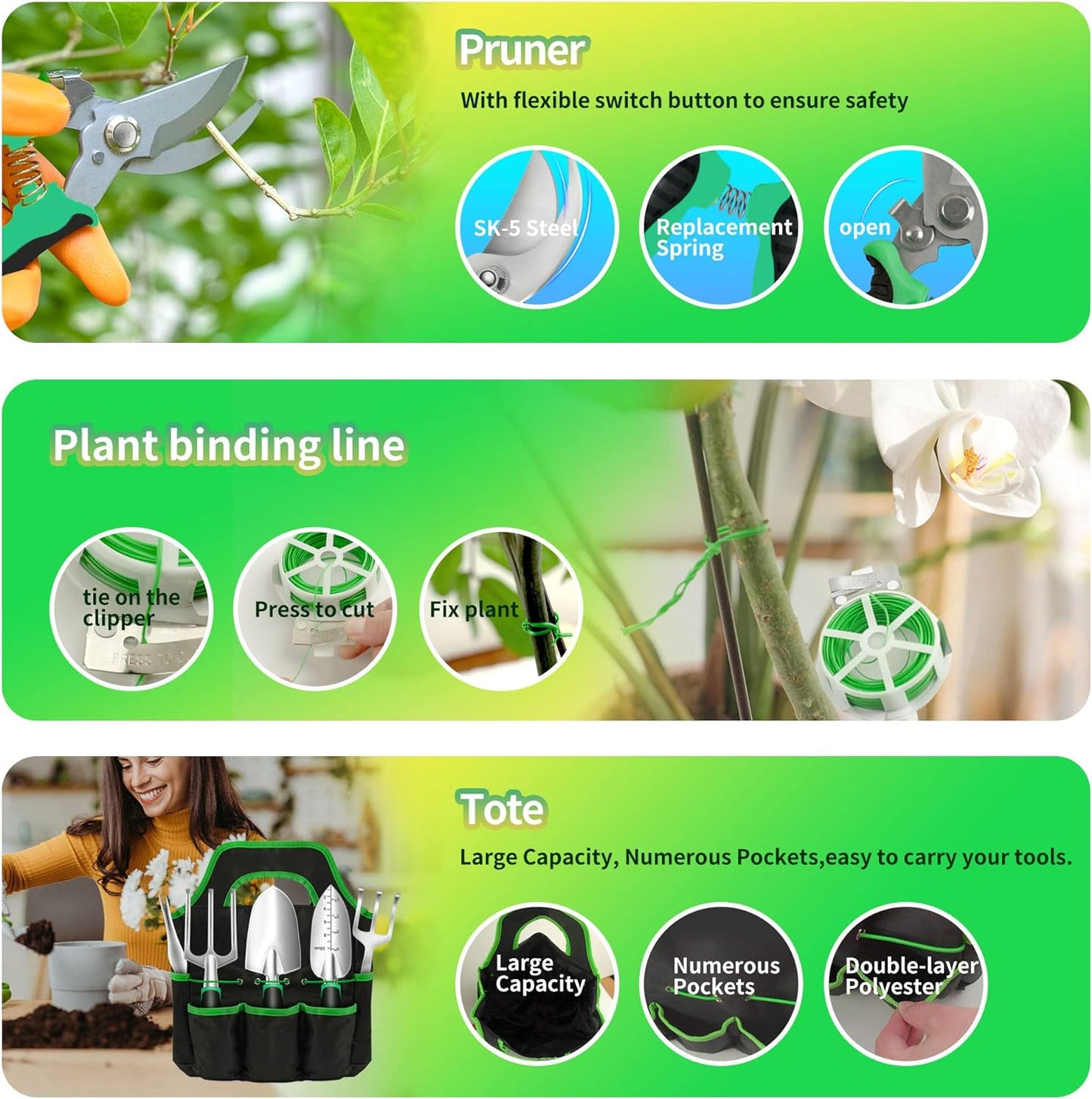 Heavy Duty Garden Tools 9Pieces Set - Rust Proof, Ergonomic Gardening Hand Tools Garden Gifts for Mom and Dad