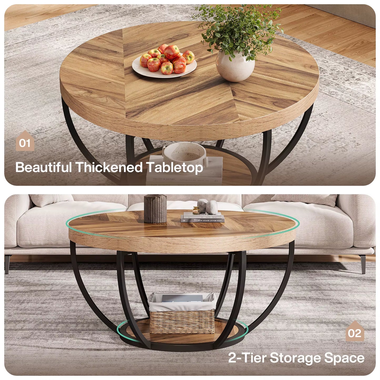 31.7" round Coffee Table, Industrial 2-Tier Circle Coffee Table with Storage Shelves, Modern Wooden Accent Center Tab
