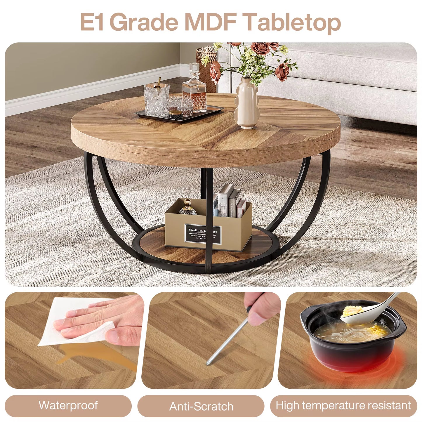 31.7" round Coffee Table, Industrial 2-Tier Circle Coffee Table with Storage Shelves, Modern Wooden Accent Center Tab