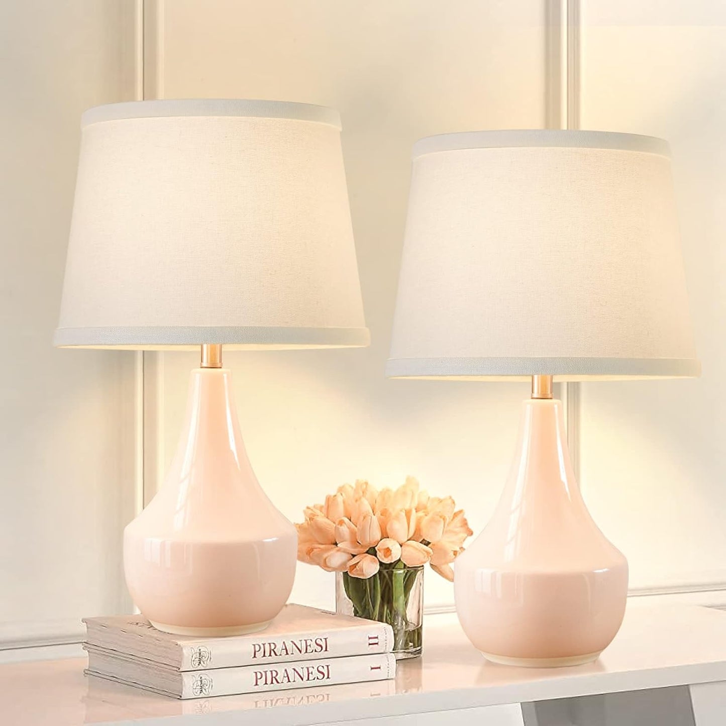 Table Lamp Set of 2, 18.63” Ceramic Table Lamp Classic beside Lamps Nightstand Lamp Modern Lamp for Living Room, Bedroom & Office Rocker Swtich Cream-Led Bulbs Included