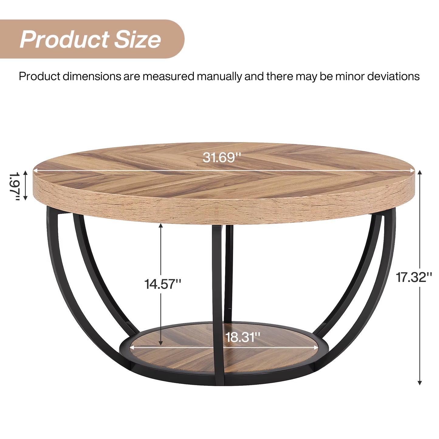 31.7" round Coffee Table, Industrial 2-Tier Circle Coffee Table with Storage Shelves, Modern Wooden Accent Center Tab