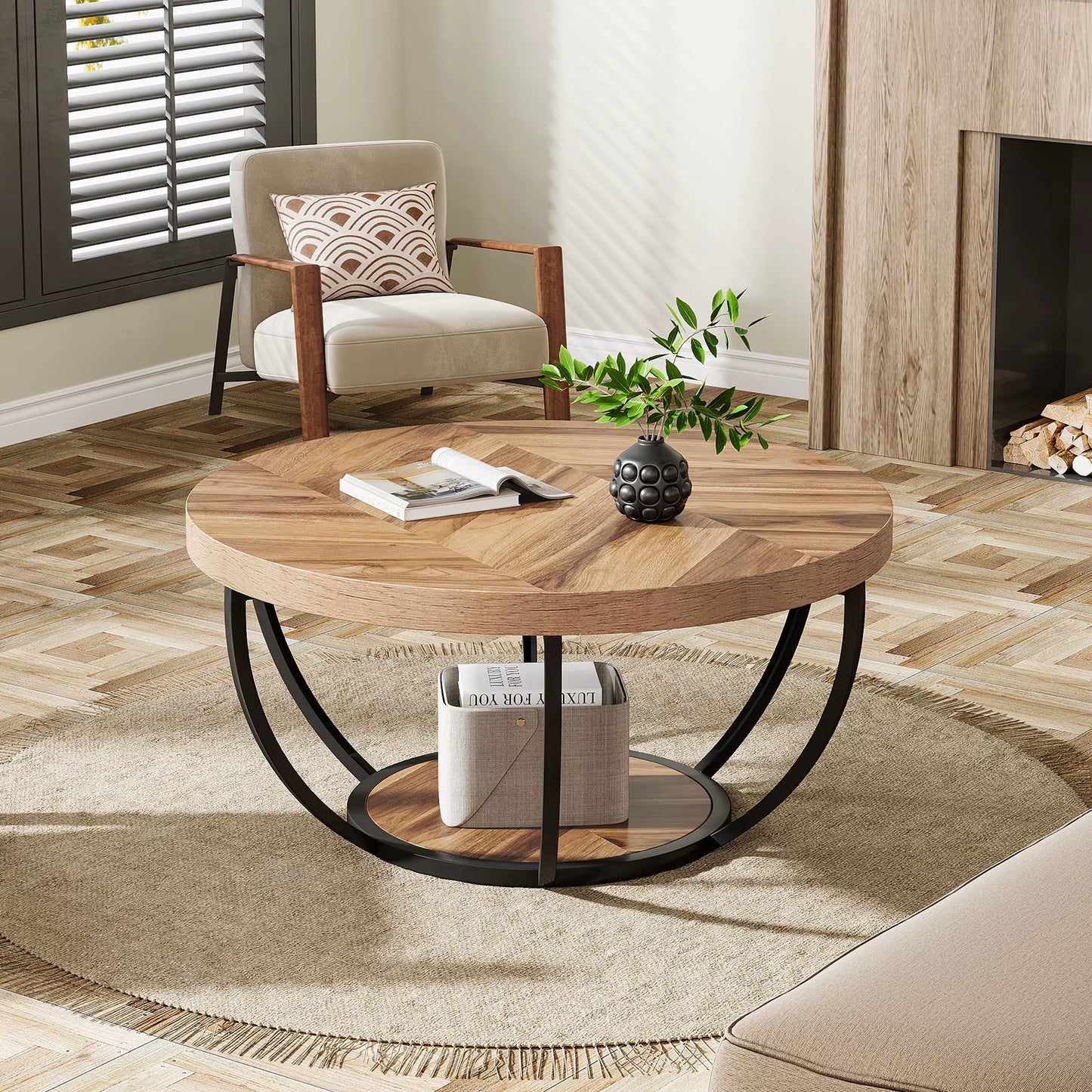 31.7" round Coffee Table, Industrial 2-Tier Circle Coffee Table with Storage Shelves, Modern Wooden Accent Center Tab