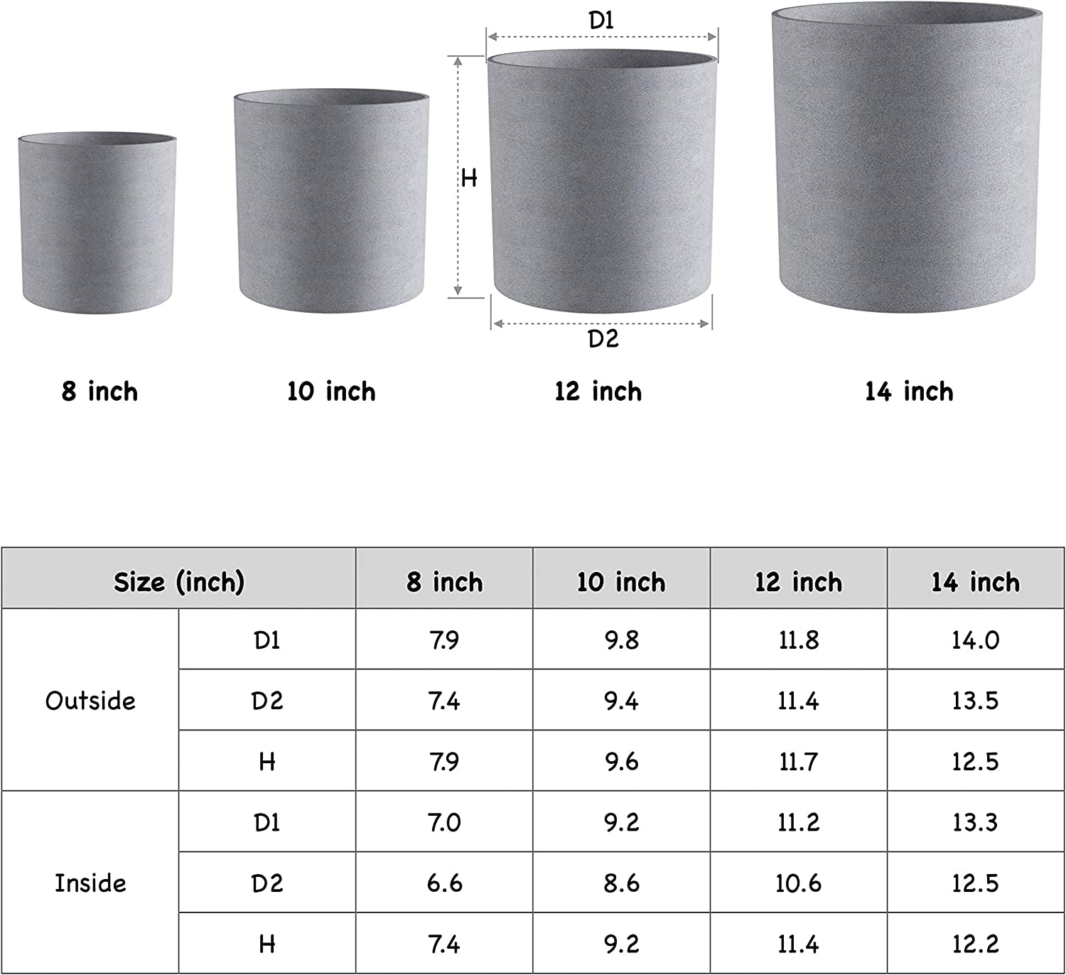 Plant Pot 12 Inch - Perfectly Fits Mid-Century Modern Plant Stand - Drainage Plug - Gray Planter Pot