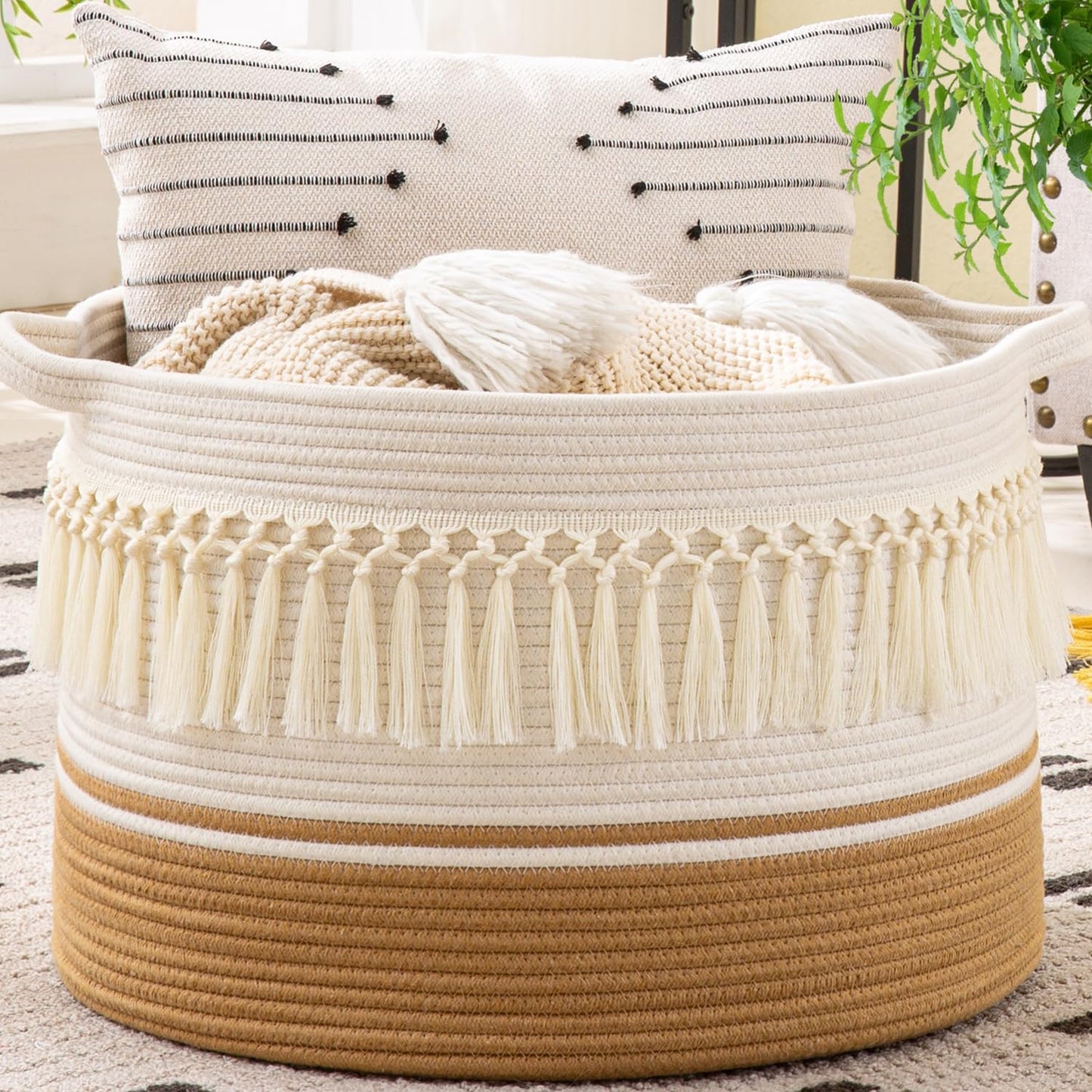 Large Blanket Basket (20"X13"),Woven Baskets for Storage Baby Laundry Hamper, Cotton Rope Blanket Basket for Living Room, Laundry, Nursery, Pillows, Baby Toy Chest (White/Brown)