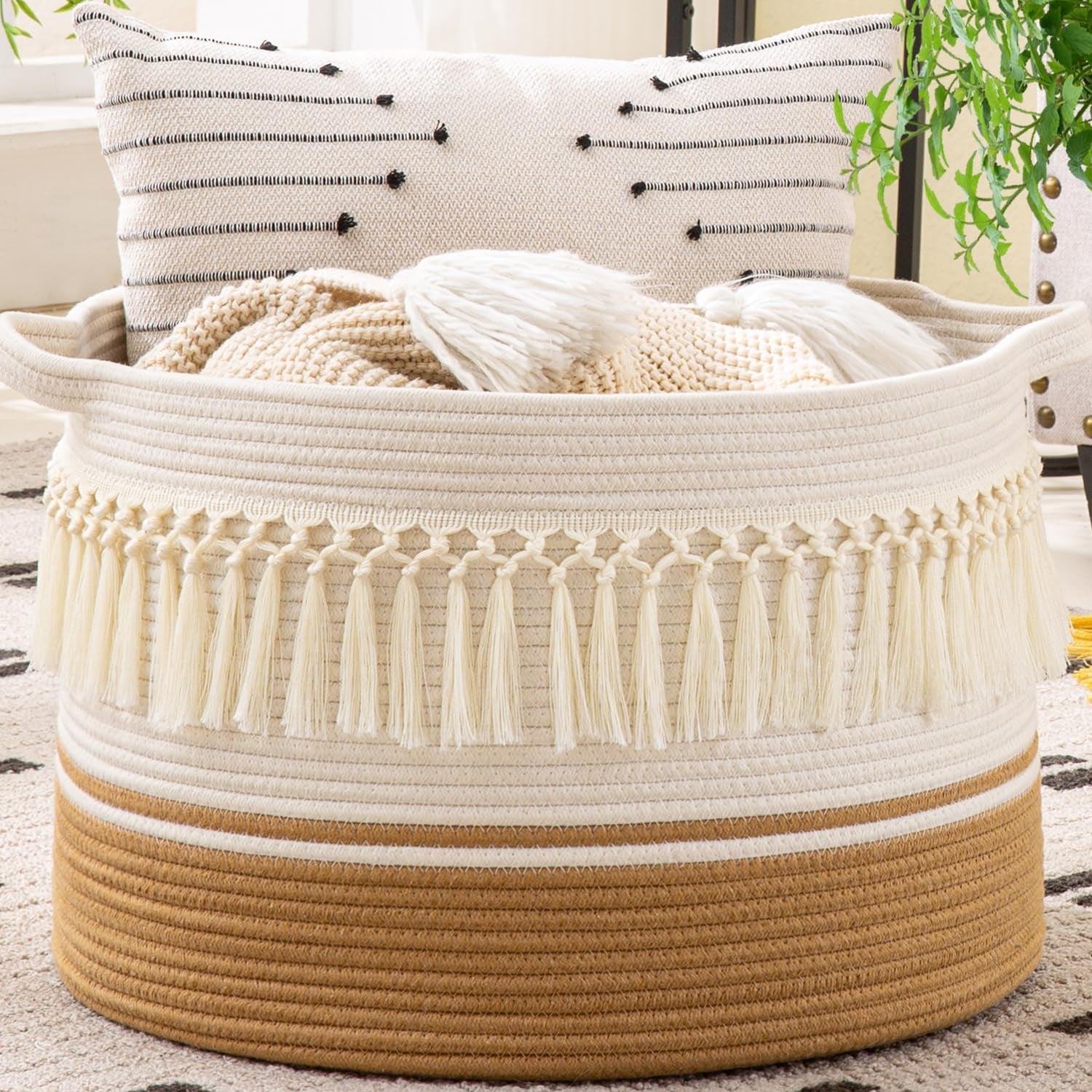 Large Blanket Basket (20"X13"),Woven Baskets for Storage Baby Laundry Hamper, Cotton Rope Blanket Basket for Living Room, Laundry, Nursery, Pillows, Baby Toy Chest (White/Brown)