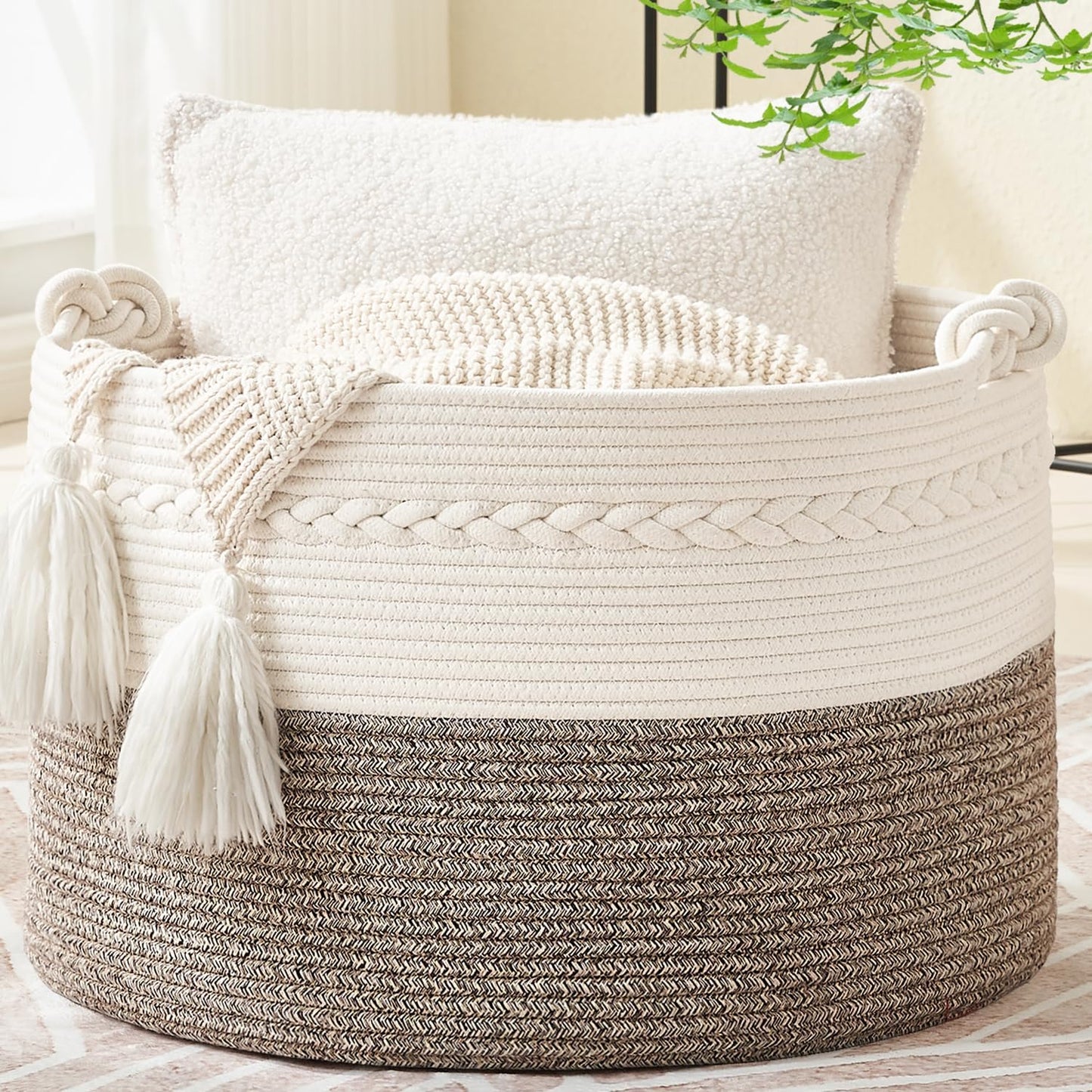 Large Blanket Basket (20"X13"),Woven Baskets for Storage Baby Laundry Hamper, Cotton Rope Blanket Basket for Living Room, Laundry, Nursery, Pillows, Baby Toy Chest (White/Brown)