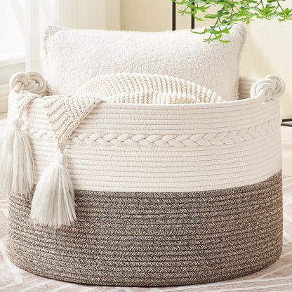 Large Blanket Basket (20"X13"),Woven Baskets for Storage Baby Laundry Hamper, Cotton Rope Blanket Basket for Living Room, Laundry, Nursery, Pillows, Baby Toy Chest (White/Brown)