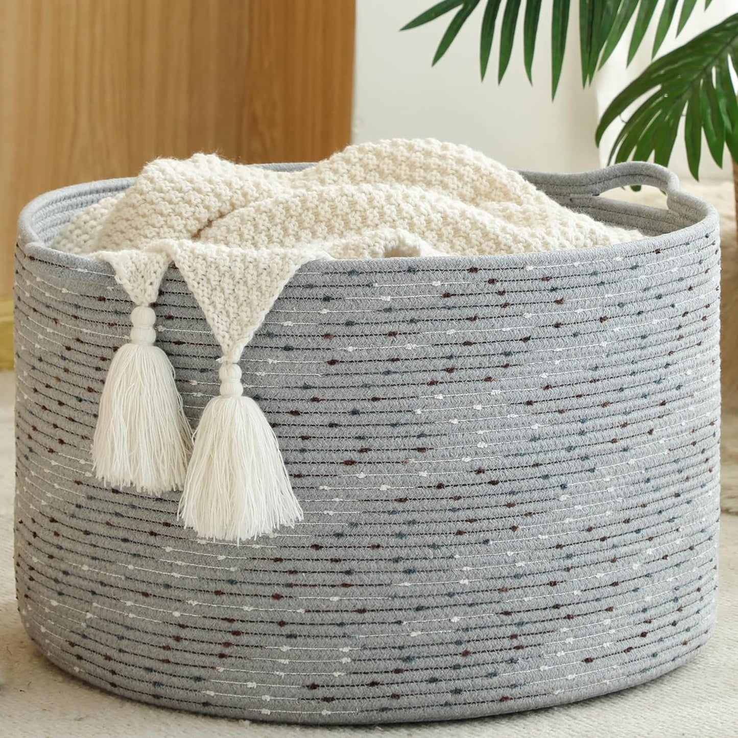 Large Blanket Basket (20"X13"),Woven Baskets for Storage Baby Laundry Hamper, Cotton Rope Blanket Basket for Living Room, Laundry, Nursery, Pillows, Baby Toy Chest (White/Brown)