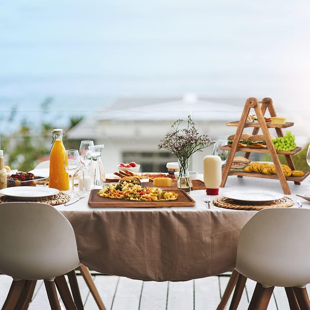 Wood 3 Tier Serving Tray Three Tiered Serving Stand, Rectangle Serving Platter Wooden Farmhouse Tiered Tray, Party Serving Brown Decorative Tray Tray Decor