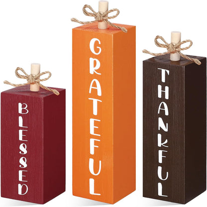 3 Pcs Fall Decorations for Home Fall Wood Block Sign Thanksgiving Tiered Tray Decor Farmhouse Thanksgiving Table Centerpieces for Home Office Mantel Shelf Desk Decor(Blessed Grateful)