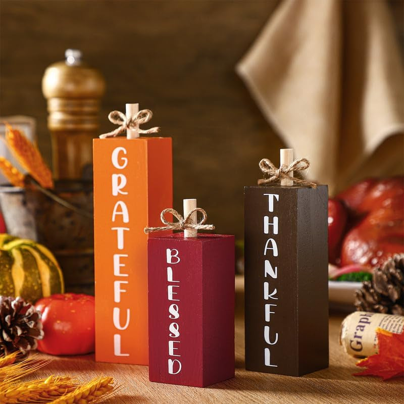 3 Pcs Fall Decorations for Home Fall Wood Block Sign Thanksgiving Tiered Tray Decor Farmhouse Thanksgiving Table Centerpieces for Home Office Mantel Shelf Desk Decor(Blessed Grateful)