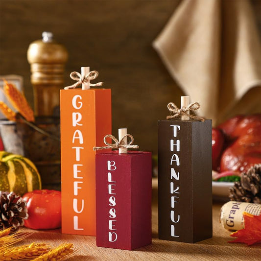 3 Pcs Fall Decorations for Home Fall Wood Block Sign Thanksgiving Tiered Tray Decor Farmhouse Thanksgiving Table Centerpieces for Home Office Mantel Shelf Desk Decor(Blessed Grateful)