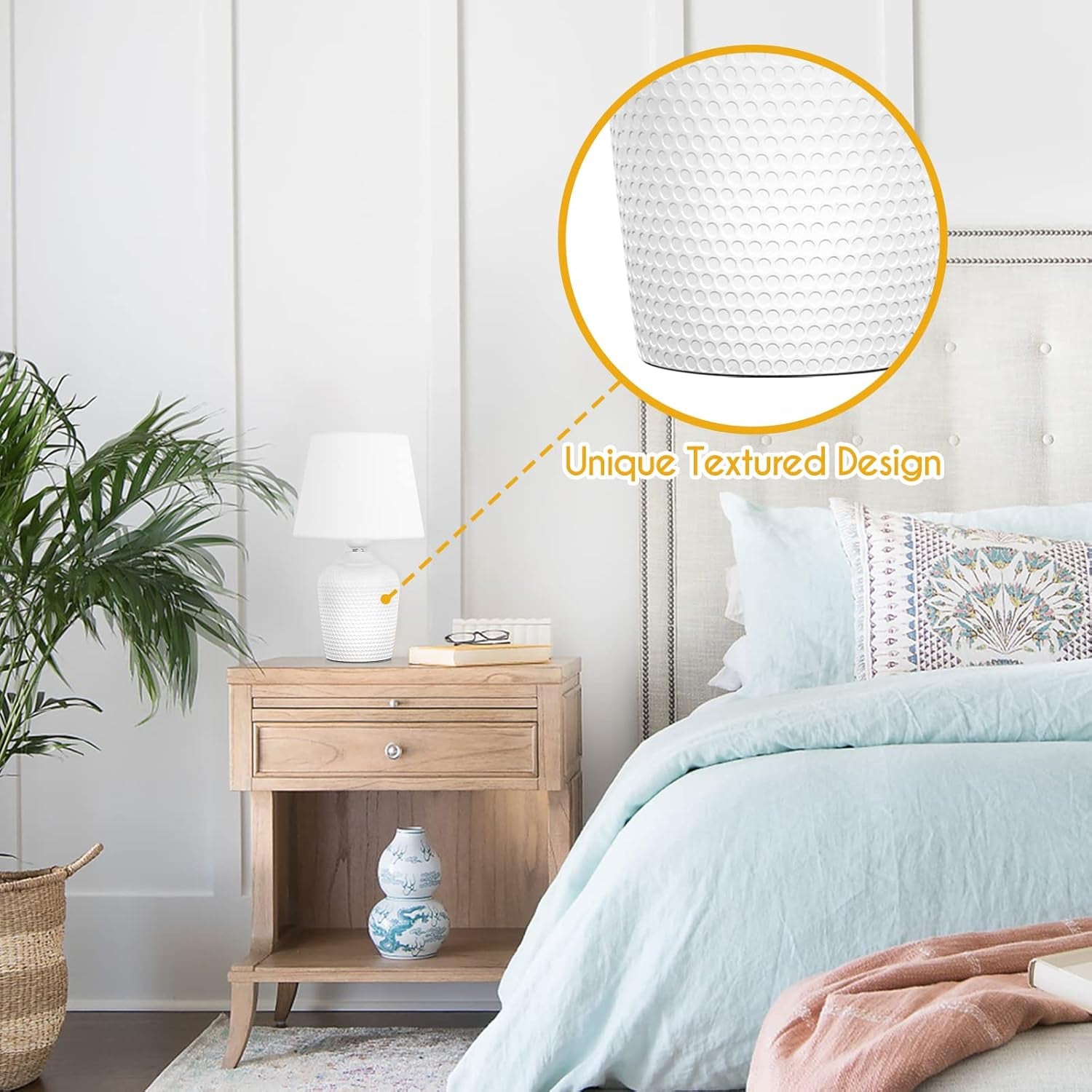 Small 12'' Table Lamps Set of 2, Bedside Nightstand Lamps for Bedroom Kid’S Room, Cute Desk Lamps with Studded Texture Base for Reading Nursery Living Room Office, White