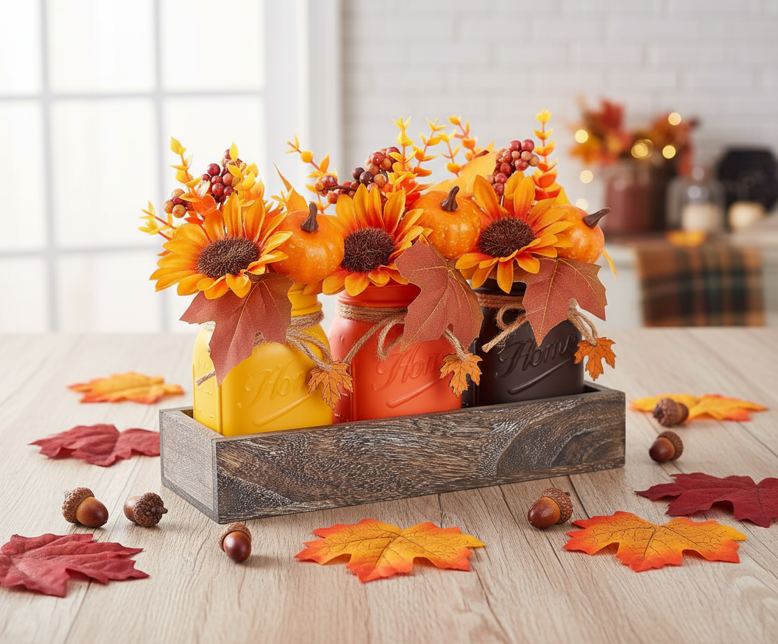 Mason Jar Fall Centerpieces with Rustic Tray