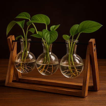 Retro Plant Terrarium with Wooden Stand – 3 Bulb Vases