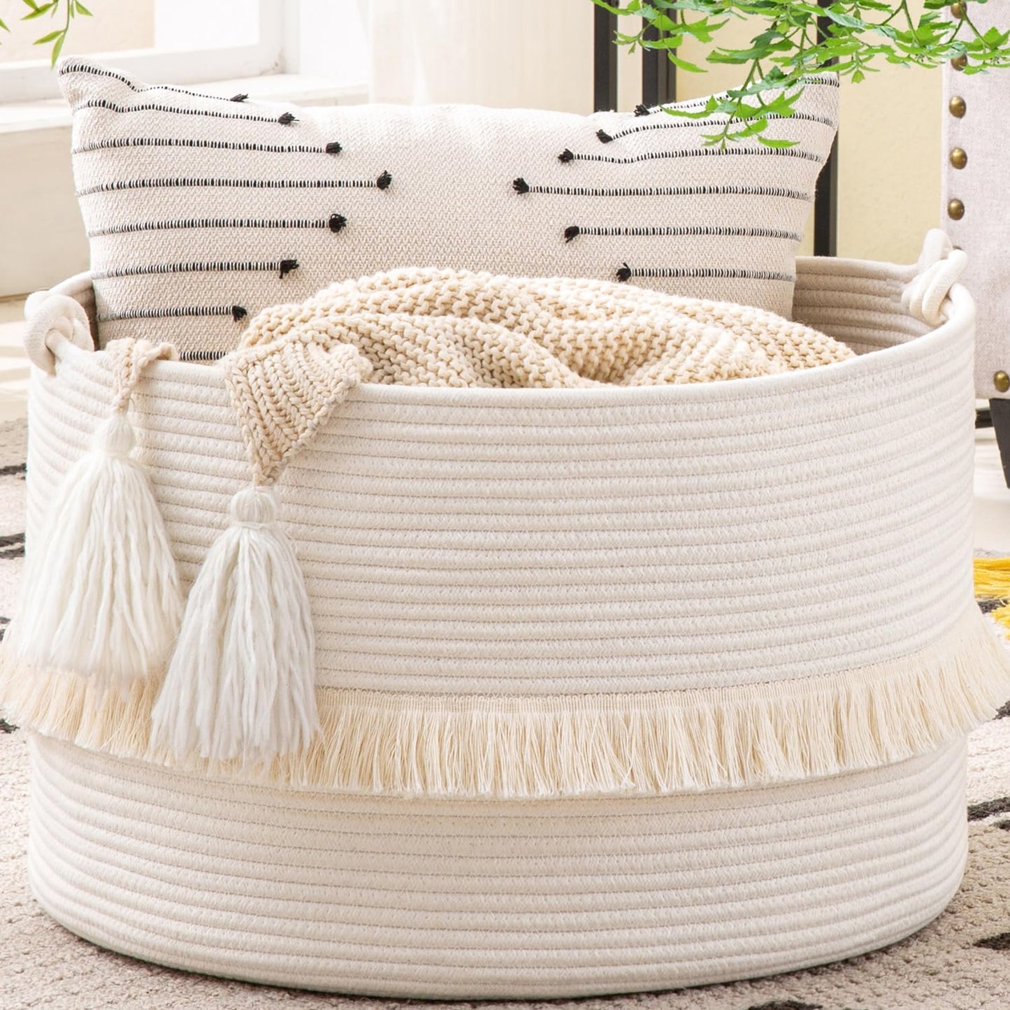 Large Blanket Basket (20"X13"),Woven Baskets for Storage Baby Laundry Hamper, Cotton Rope Blanket Basket for Living Room, Laundry, Nursery, Pillows, Baby Toy Chest (White/Brown)