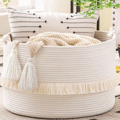 Large Blanket Basket (20"X13"),Woven Baskets for Storage Baby Laundry Hamper, Cotton Rope Blanket Basket for Living Room, Laundry, Nursery, Pillows, Baby Toy Chest (White/Brown)
