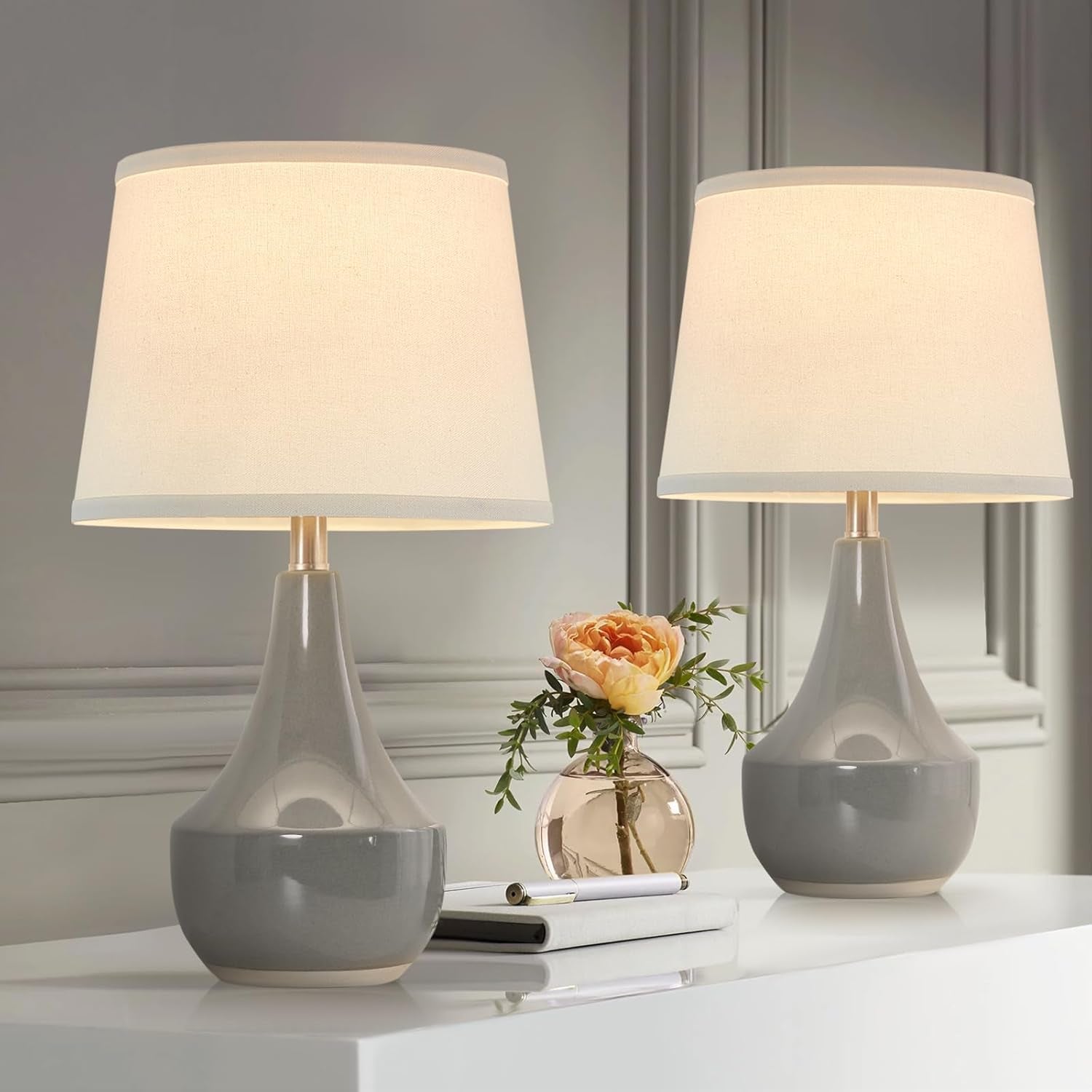 Table Lamp Set of 2, 18.63” Ceramic Table Lamp Classic beside Lamps Nightstand Lamp Modern Lamp for Living Room, Bedroom & Office Rocker Swtich Cream-Led Bulbs Included