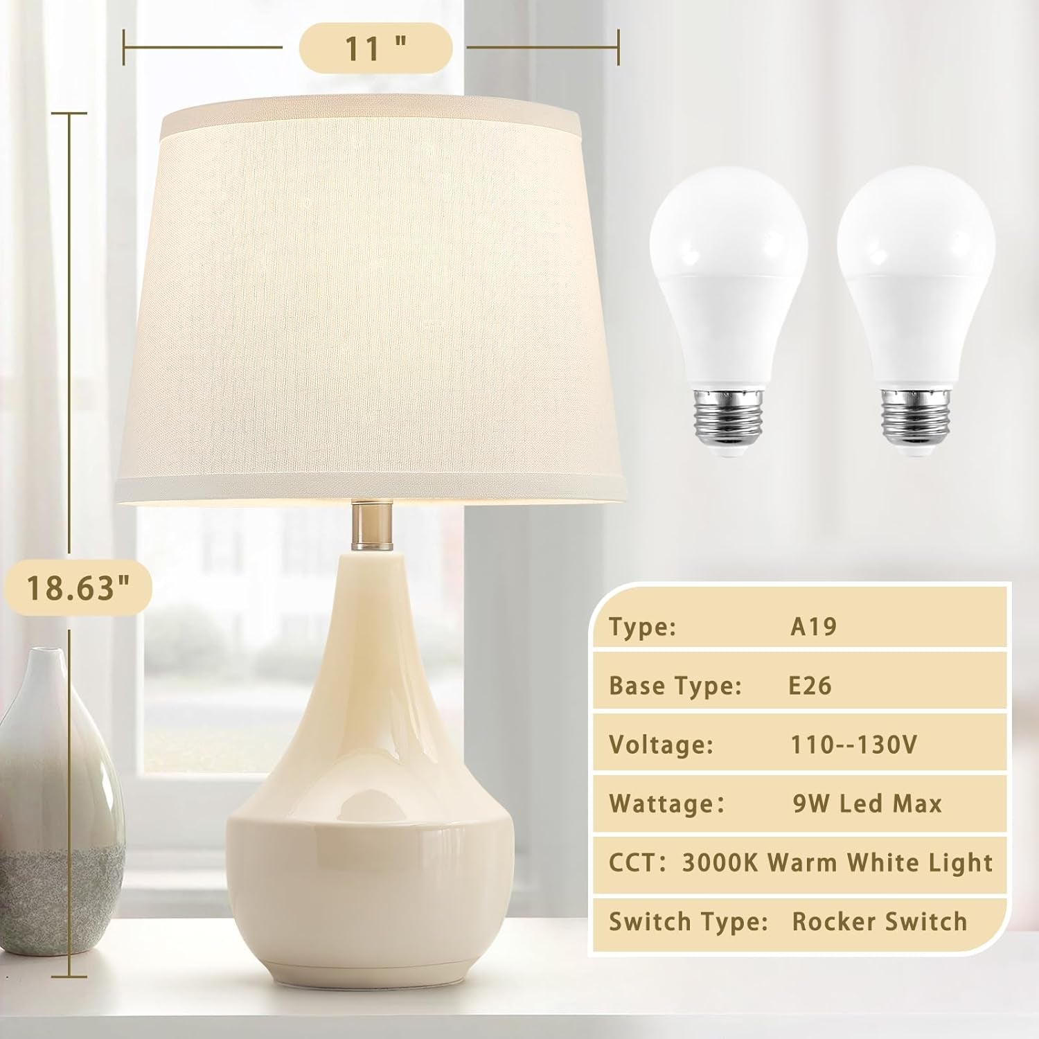 Table Lamp Set of 2, 18.63” Ceramic Table Lamp Classic beside Lamps Nightstand Lamp Modern Lamp for Living Room, Bedroom & Office Rocker Swtich Cream-Led Bulbs Included