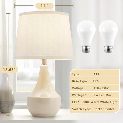 Table Lamp Set of 2, 18.63” Ceramic Table Lamp Classic beside Lamps Nightstand Lamp Modern Lamp for Living Room, Bedroom & Office Rocker Swtich Cream-Led Bulbs Included