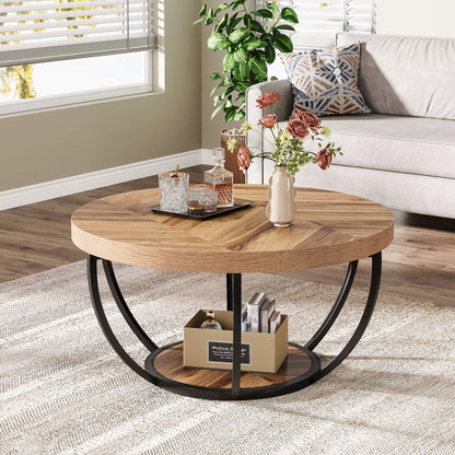31.7" round Coffee Table, Industrial 2-Tier Circle Coffee Table with Storage Shelves, Modern Wooden Accent Center Tab