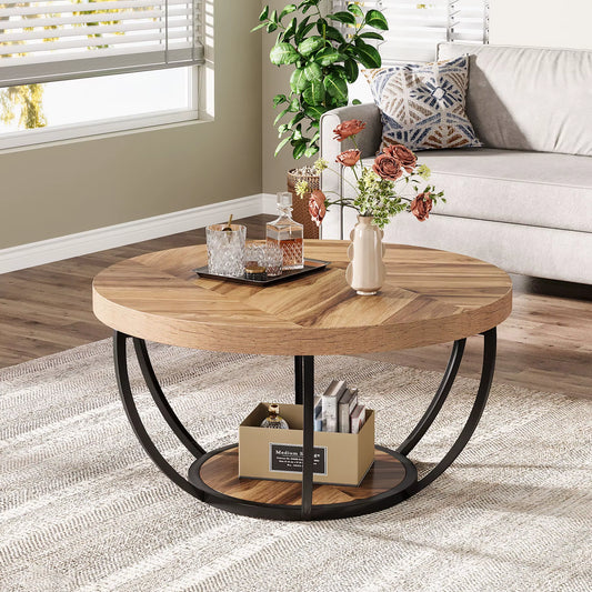 31.7" round Coffee Table, Industrial 2-Tier Circle Coffee Table with Storage Shelves, Modern Wooden Accent Center Tab