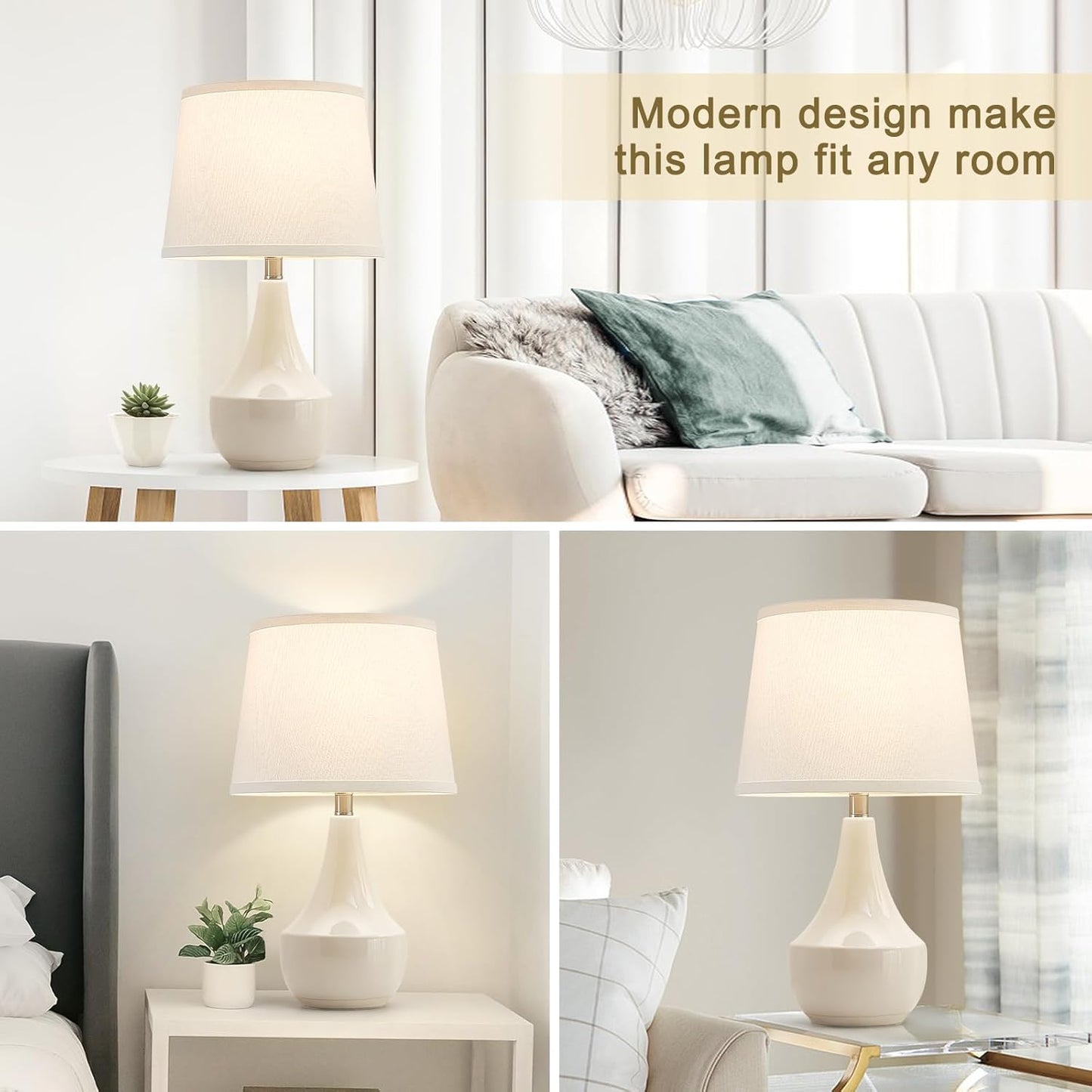 Table Lamp Set of 2, 18.63” Ceramic Table Lamp Classic beside Lamps Nightstand Lamp Modern Lamp for Living Room, Bedroom & Office Rocker Swtich Cream-Led Bulbs Included