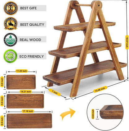 Wood 3 Tier Serving Tray Three Tiered Serving Stand, Rectangle Serving Platter Wooden Farmhouse Tiered Tray, Party Serving Brown Decorative Tray Tray Decor