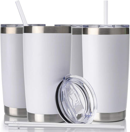20Oz Tumbler with Lid and Straw, Stainless Steel Vacuum Insulated Coffee Tumbler Cup, Double Wall Powder Coated Travel Mug (White, 1 Pack)