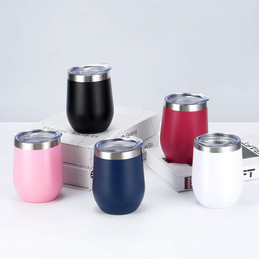 8 Pack 12Oz Stainless Steel Wine Tumblers, Insulated Wine Tumbler, Double Wall Insulated Wine Glass, Stainless Steel Stemless Wine Cups with Lids for Coffee, Wine, Cocktails, Champaign, Black
